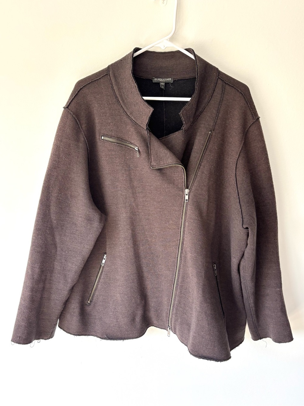 Eileen Fisher Asymmetrical Zip Merino Wool Knit Brown Moto Jacket Plus Size